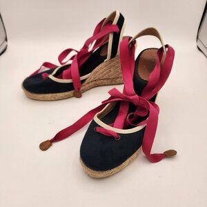J Crew Made in Spain Navy Espadrille Wedges With Pink Ribbon Tie-Up 60s Summer